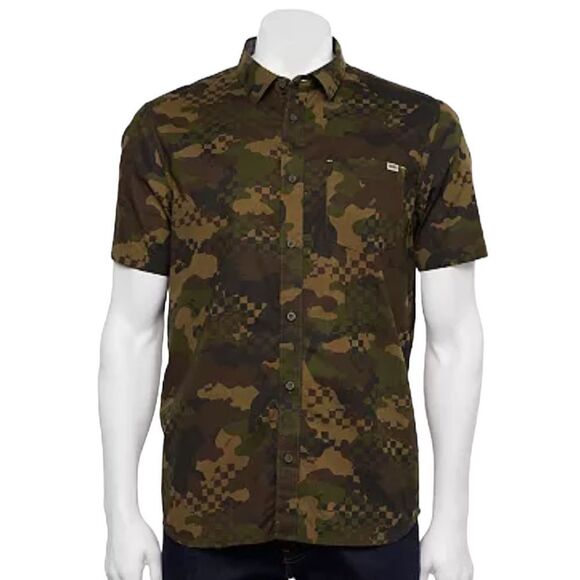 Vans camo green tan button front short sleeve shirts men’s size large - Picture 1 of 7